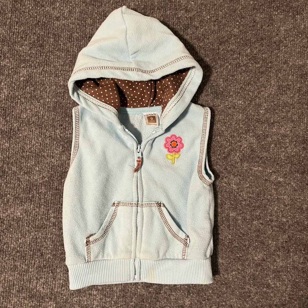 Carters Baby Girl Light Blue Fleece Hooded Vest Flower Polka Dot 9 Months